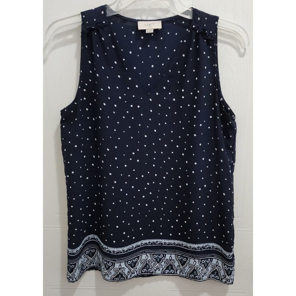 Loft Women's Sleeveless V Neck Blouse Top Sleeve Ruffle Blue Polka Dot Size XS